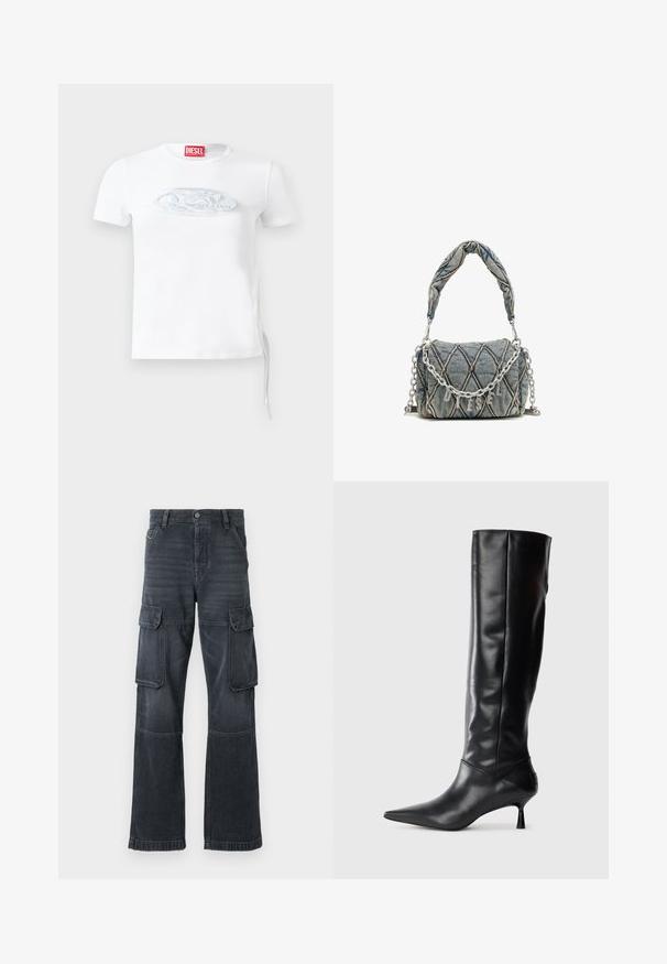 Bijela kratka majica s kratkim rukavima od pamuka. Ima teksturirani srebrni logo sprijeda i bočne vezice za prilagodljivo pristajanje.; Tamno sivi cargo hlače od denima, s dva bočna džepa i širokim krojem. Šivani detalji duž šavova i rubova.; Crna kožna čizma do koljena s oštrim vrhom i uskim zakrivljenim petama. Glatka tekstura, prilagođeni dizajn i bez vidljivih dodataka ili uzoraka.; Torba od traperice s kvadratnim uzorkom, plave boje, kratkog pletenog ručka i srebrne lančane narukvice s metalnim natpisom branda.