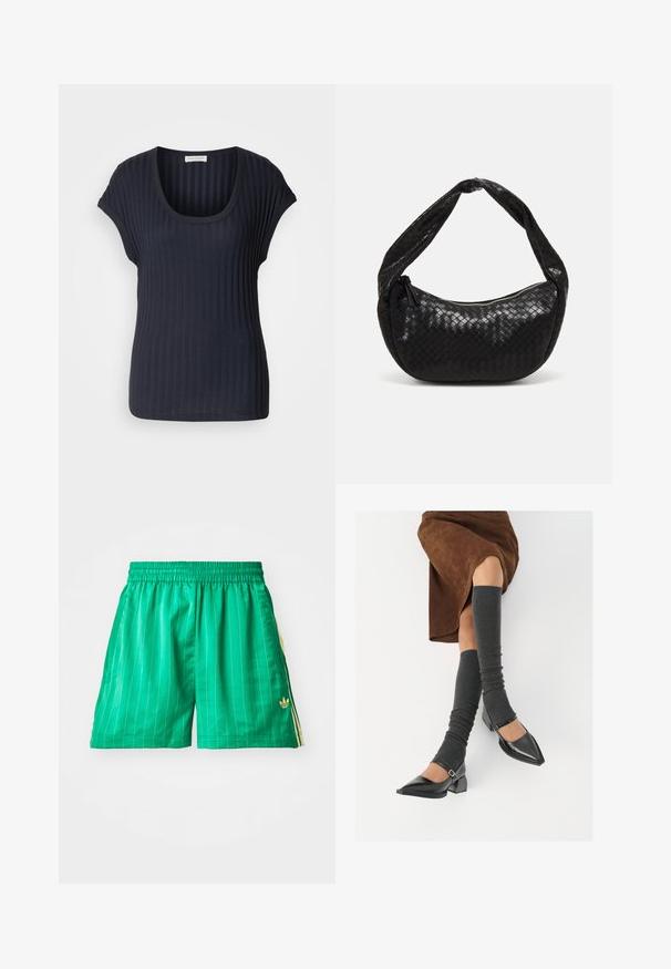 Tamsiai mėlynas raukiniais T-shirt su apvaliomis iškirptėmis ir trumpomis rankovėmis. Pagamintas iš minkštos, elastingos medžiagos, pasižymintis glotnia tekstūra ir prigludusia forma.; Žali sportiniai šortai su baltomis vertikaliomis juostelėmis, elastingu juosmeniu ir geltonais šonų akcentais. Yra mažas auksinis logotipas apatiniame kairiajame kampelyje.; Juodi lakuoti odiniai batai su aštriu kuma ir bloko kulnu, derinami su pilkais riebiais kojų šildytuvais ir rudais zomšiniais sijonais.; Juodas pintas odinis rankinės su išlenkta forma, turinti storą rankeną ir užtrauktuko uždarymą. Textūruota paviršius su blizgiu finišu.