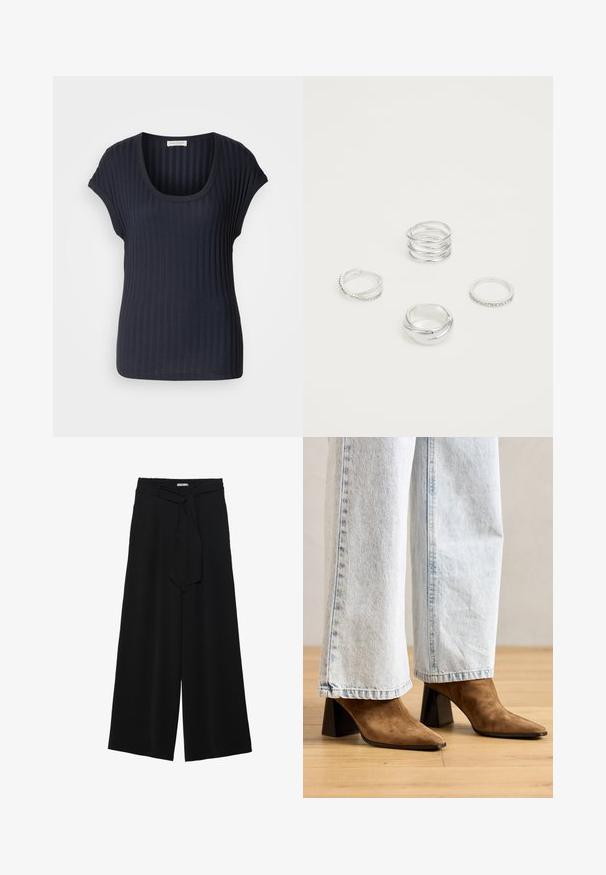 Ciemnoniebieska, prążkowana koszulka z okrągłym dekoltem i krótkimi rękawami. Wykonana z miękkiego, elastycznego materiału, o gładkiej fakturze i dopasowanym kroju.; Czarne spodnie szerokie z teksturowanej tkaniny, z elastycznym paskiem w talii i odpinanym paskiem w talii dla regulowanego dopasowania.; Brązowe zamszowe botki za kostkę z wąskim noskiem, blokowym obcasem i gładką powierzchnią, zestawione z jasnoniebieskimi szerokimi spodniami dżinsowymi.; Cztery srebrne pierścionki o różnych wzorach: skręcony band, warstwowe krzywizny, delikatne kryształy oraz gładki band z małymi detalami.