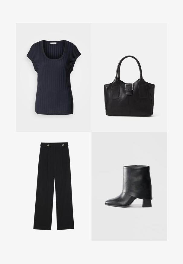 Mørk marineblå ribbestrikket T-skjorte med rund hals og korte kappe-ermer. Laget av et mykt, elastisk stoff, med en glat overflate og figursydde form.; Svart vide bukser med høy midje, knappdetaljer på midjebåndet og frontplisser.; Sorte lær ankle boot med spiss tå, glatt tekstur og en strukturert blokkhæl. Har et høyt, brettet mansjett-design.; Svart skinn toteveske med jevn tekstur, strukturert form, to håndtak og en fremtredende sølvspenne foran.