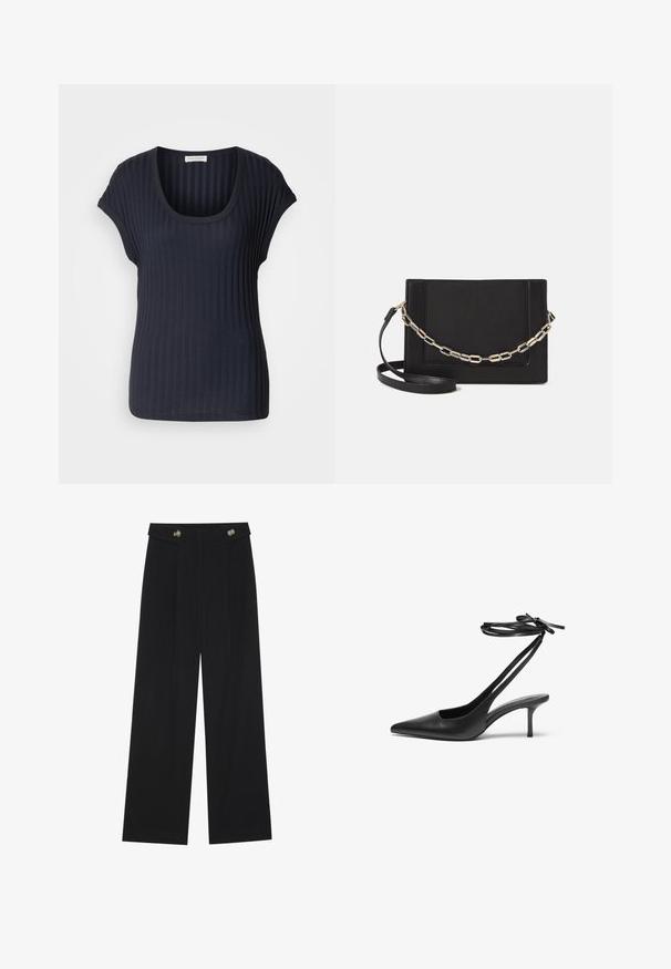 Maglietta a coste di un blu navy scuro con scollatura a barchetta e maniche corte a cappuccio. Realizzata in un tessuto morbido ed elasticizzato, presenta una superficie liscia e una forma aderente.; Pantaloni neri a gamba larga con vita alta, dettagli con bottoni in vita e pieghe frontali.; Scarpa stiletto nera in pelle con punta affusolata, retro aperto e cinghie alla caviglia legate a fiocco. Tacco sottile di 7,5 cm. Texture liscia, design minimalista.; Borsa a tracolla nera in pelle con una texture liscia, forma rettangolare e dettaglio in catena metallica sul davanti. Inclusa una tracolla regolabile.