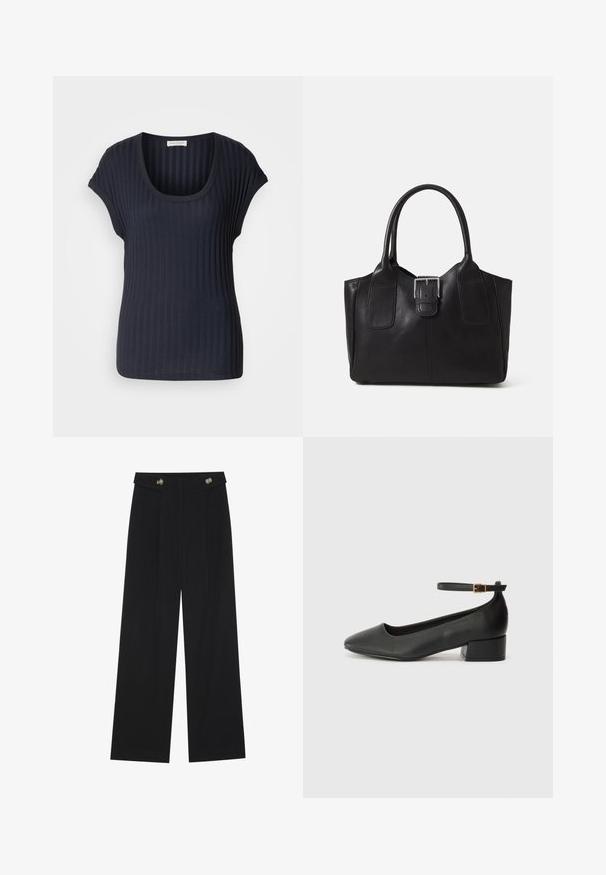 Tamsiai mėlynas raukiniais T-shirt su apvaliomis iškirptėmis ir trumpomis rankovėmis. Pagamintas iš minkštos, elastingos medžiagos, pasižymintis glotnia tekstūra ir prigludusia forma.; Juodi plačios kojos kelnės su aukštu liemeniu, sagų detalėmis ant liemens ir priekinėmis raukšlėmis.; Juodas odinis aukštakulnis batelis su smailiu pirštu ir žemu bloku. Su kulkšnies dirželiu su auksinės spalvos sagtimi. Lygus paviršius.; Juodas odinis nešiojamas krepšys su lygiu paviršiumi, struktūrine forma, dviem rankenėlėmis ir ryškiu sidabriniu sagties akcentu priekyje.