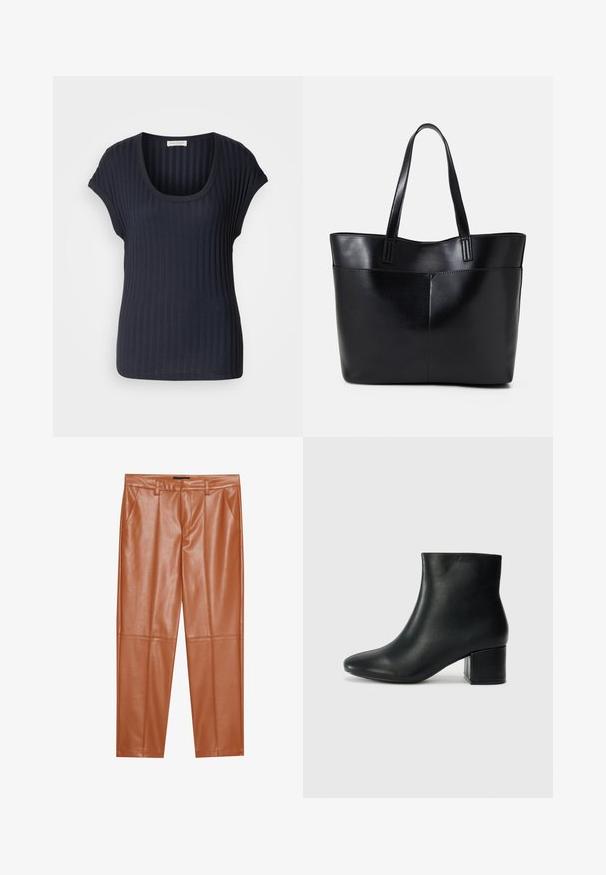Dark navy ribbed T-shirt with a scoop neck and short cap sleeves. Made from a soft, stretchy fabric, featuring a smooth texture and fitted shape.; Brown faux leather trousers with a tailored fit, featuring front pleats and straight legs. Smooth texture with no visible hardware or accents.; Black leather ankle boots with a pointed toe and a chunky heel. Smooth texture with minimal accents and a sleek, fitted design.; Black leather tote bag with two long handles, a smooth texture, and a structured shape. Features a front pocket for additional storage.