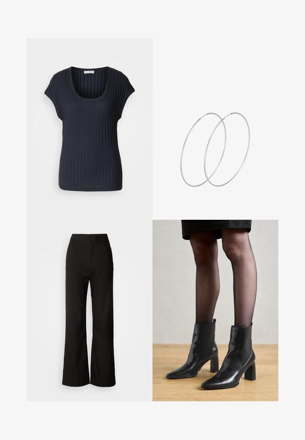 Mørkeblå ribbet T-shirt med scoop neck og korte kapærmer. Lavet af et blødt, strækbart stof, der har en glat tekstur og tætsiddende form.; Sorte bukser med bred benvidde, glat tekstur, høj talje og et enkelt design. Ingen synlige lommer eller udsmykninger.; Sorte læderankelstøvler med spids tå, kraftig firkantet hæl og slankt design. Har elastiske sidepaneler for nem påtagning.; Sølvøreringe med et minimalistisk design. Cirkulær form, glat tekstur og tynd profil. Letvægtige med en poleret overflade.