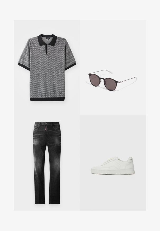 Lühikeste varrukatega polo särk musta ja halli värviga, millel on geomeetriline muster, must krae ja kaeluses kahe nupuga nööpide rida.; Mustad denim püksid otse lõikega. Omavad kulunud piirkondi, väikseid kahjustusi, klassikalist viit taskut ning nööpkinnitust.; Valge nahast tennis, millel on sile põhi, ümar varvas, lamedad nöörid ja tekstuuriline tall. Sisaldab diskreetset logo kontsaribal.; Mustad mustad prillid tumedate läätsedega ja õhukeste metallist käepidemetega. Kaarja kujuga seljaosa ja hõbedased aktsendid hingel. Minimalistlik disain.
