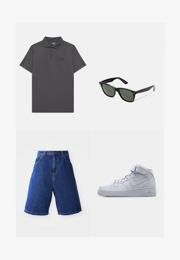 Mörkgrå kortärmad polo med tre knappar och subtil EA7 Emporio Armani-logotyp på vänster bröst.; Jeansshorts med blå tvätt, med hög midja, två framfickor och gula stygn längs sömmarna.; Höga grå Nike Air Force 1-sneakers med ovandel i läder, vadderad krage och kardborreband. Ikonisk design med perforerad tåbox.; Svarta plastsolglasögon med gröna linser, fyrkantiga bågar, silverdetalj på ögonbrynet och texturerade skalmar. Angiven märkning på den inre skalmen.