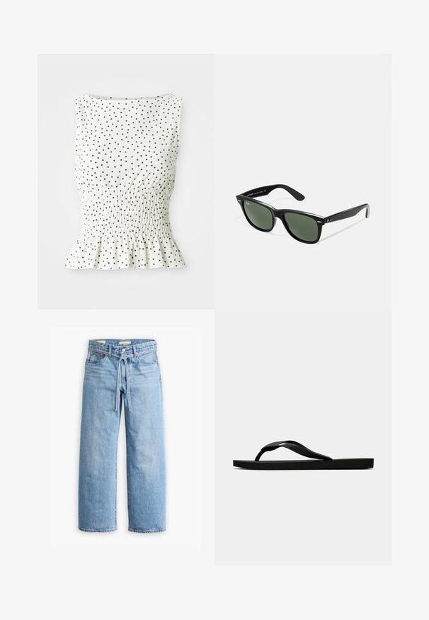 Bílý bezrukávový top s texturovaným povrchem, zdobený černými puntíky a nařaseným lemem. Design zahrnuje smockovaný živůtek.; Světle modré džínové široké kalhoty s vysokým pasem, zapínáním na knoflík a zip, a šňůrkou v pase. Obroušené zakončení.; Černé gumové žabky s texturovaným páskem a jednoduchou plochou podrážkou, zobrazené z boku na světlém pozadí.; Černé plastové sluneční brýle se zelenými skly, čtvercové obroučky, stříbrný detail na obočí a texturované stranice. Značka uvedená na vnitřní straně stranic.