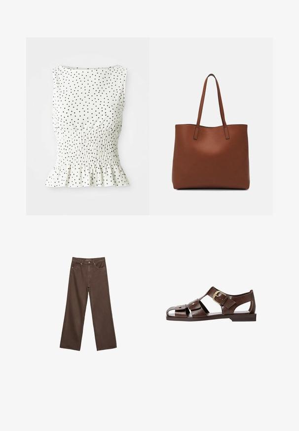 Biely bezrukávový top s textúrovaným povrchom, zdobený čiernymi bodkami a volánovým lemom. Dizajn obsahuje smockovaný živôtik.; Džínsy s širokými nohavicami v hnedej farbe, vyrobené z denimu, so zvýšeným pásom, prednými vreckami a klasickým zapínaním na gombík. Hladká textúra s jemným prešívaním.; Hnedé kožené sandále s vyrezávaným dizajnom, nastaviteľnou bočnou sponou a plochou podrážkou, s kovovými akcentmi a otvorenou špičkou.; Hnedá kožená taška na rameno s hladkou textúrou, otvoreným vrchom a dvoma ramenými popruhmi. Má minimálne šitia a žiadne viditeľné kovania.