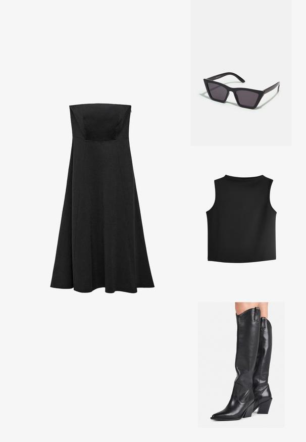 Haut sans manches noir avec un col rond, fabriqué dans un tissu extensible et lisse. Il présente des coutures épurées et minimales ainsi qu'un ourlet droit.; Robe noire sans bretelles avec un haut ajusté et une jupe évasée, jusqu'au sol. Fabriquée dans un tissu lisse sans motifs ni accents visibles.; Bottes en cuir noir hautes jusqu'au genou avec un bout pointu, un tige courbe et un talon épais. Elles présentent une texture lisse et des pièces de traction en haut.; Lunettes noires angulaires avec des verres gris ; fabriquées en plastique, avec des branches épaisses à la surface lisse et sans matériel visible.; Sac à main en cuir noir avec un design incurvé, matériel doré et une poignée sur le dessus. Présente une fermeture élégante et une texture lisse.