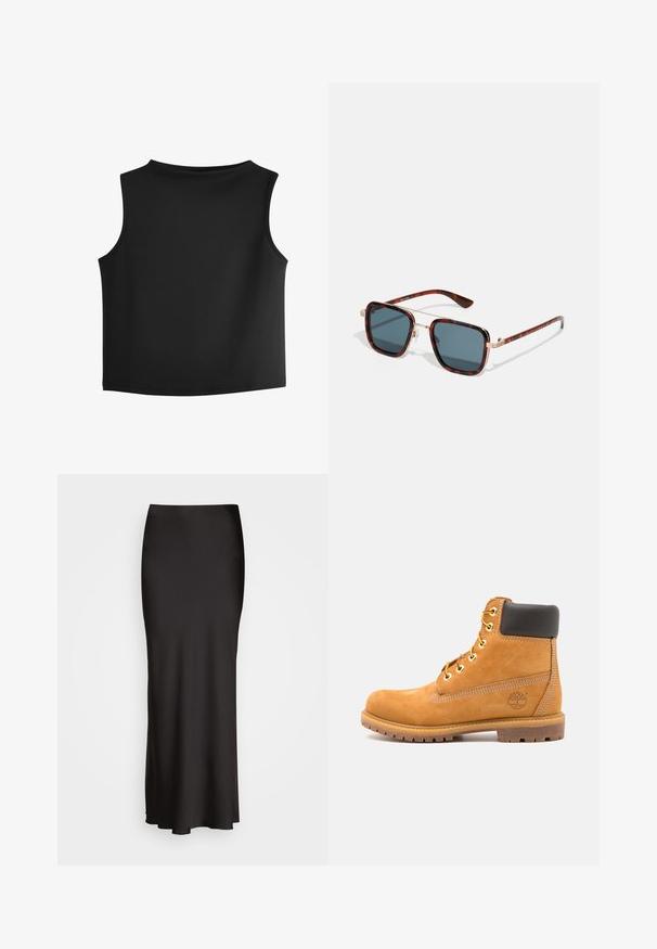 Czarna bezrękawnik z okrągłym dekoltem, wykonany z gładkiego, elastycznego materiału. Posiada czyste, minimalistyczne szwy i prosty dół.; Czarna, sięgająca podłogi satynowa spódnica o gładkiej fakturze, dopasowana w talii i w kształcie litery A, bez widocznych zdobień lub wzorów.; Brązowy skórzany botek za kostkę z czarnym wykończeniem, złotymi oczkami i teksturowaną podeszwą. Posiada okrągłe logo z boku oraz akcenty w postaci przeszyć.; Okulary przeciwsłoneczne w kratkę z ciemnoszarymi soczewkami, w kształcie kwadratu, z złotymi metalowymi akcentami i smukłymi zausznikami z charakterystycznymi paskowanymi detalami.
