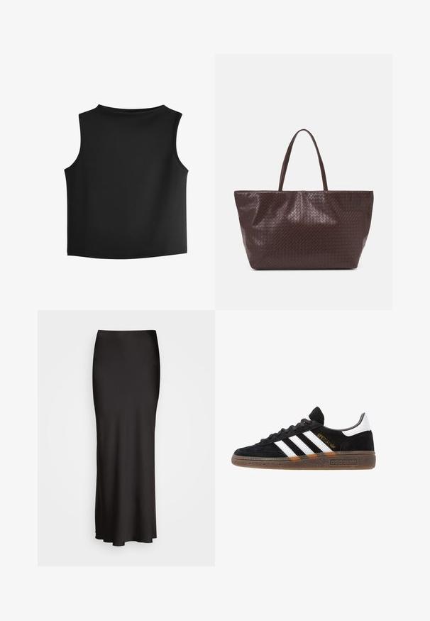 Sort ærmeløs top med en rund halsudskæring, lavet af et glat, strækbart stof. Den har rene, minimalistiske sømme og en lige kant.; Sort, maxiskørt i satin med en glat tekstur, tætsiddende talje og A-formet silhuet, uden synlige udsmykninger eller mønstre.; Sort Adidas sneakers med hvide striber, guld "Spezial" tekst, gummisål og hvid hælflap, vist i profil.; Brun vævet læder tote bag med to håndtag, en struktureret form og en tekstureret overflade, der har et diamantmønster i hele designet.