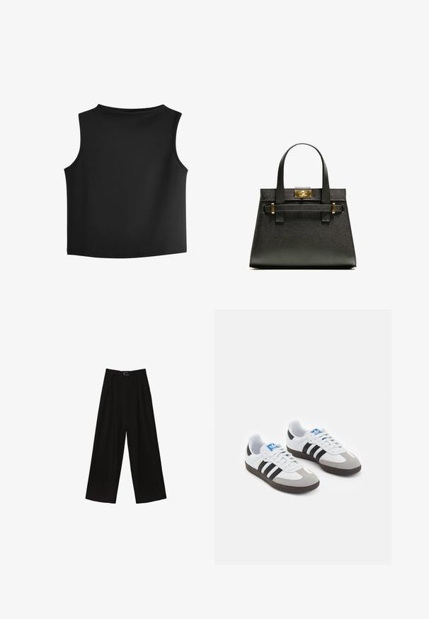 Čierny bezrukávový top s okrúhlym výstrihom, vyrobený z hladkej, elastickej tkaniny. Obsahuje čisté, minimalistické švy a rovný lem.; Čierne široké nohavice s vysokým pásom, vybavené pásom v páse a sklady pre textúru. Vyrobené z hladkej, ľahkej látky.; Športové topánky s bielym koženým zvrškom, šedou semišovou špičkou a tromi čiernymi pruhmi. Obsahujú modré logo na jazyku a štruktúrovanú gumovú podrážku.; Čierna textúrovaná taška s krátkymi uchami, s kovovým zapínaním a akcentmi v zlatej farbe. Dizajn je štruktúrovaný, s geometrickým siluetou.