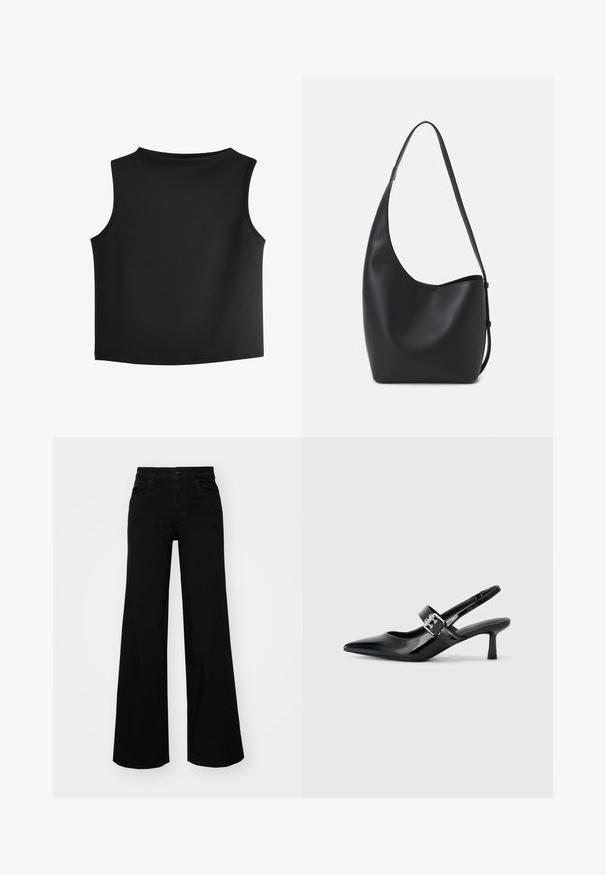 Melnas bez piedurknēm topiņš ar noapaļotu kakla izgriezumu, izgatavots no gludas, elastīgas auduma. Tam ir tīras, minimālas šuves un taisna apakšmala.; Melni plaša kāju bikses, izgatavotas no džinsa, ar strukturētu jostu, jostu cilpiņām un priekšējām kabatām. Gluda tekstūra ar klasisku dizainu.; Melnas lakotas ādas sūkņa kurpes ar norādītu purngali un mazu bloku papēdi, ar sudraba sprādzi akcentā uz jostas.; Melnas ādas hobo soma ar gludu tekstūru, izliekta forma un vienu regulējamu jostu; augšā ir plaša atvere.