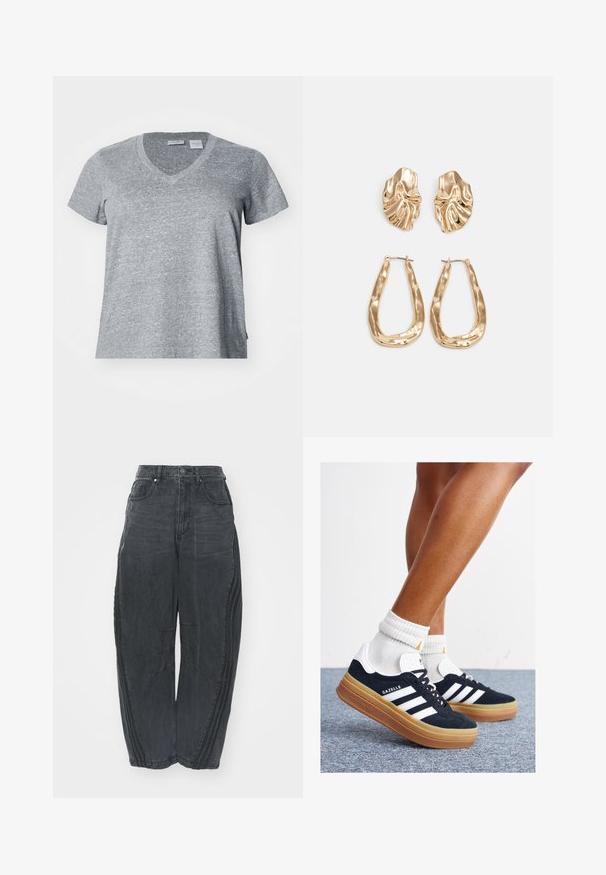 Tricou gri, cu mânecă scurtă și decolteu în V, fabricat dintr-un material texturat, având un croi lejer și detalii pe cusăturile laterale.; Blugi negri largi din denim, cu un finisaj decolorat, cinci buzunare, închidere cu nasture la talie și detalii cusute pe față și pe laturi.; Adidași negri din piele întoarsă cu dungi și accente albe, vârf rotund, talpă de cauciuc gumă, asortați cu șosete albe cu model nervurat.; Cercei aurii cu forme texturate și ondulate. Include studs sculpturale cu clip și un design de cerc deschis cu un finisaj cioplit.