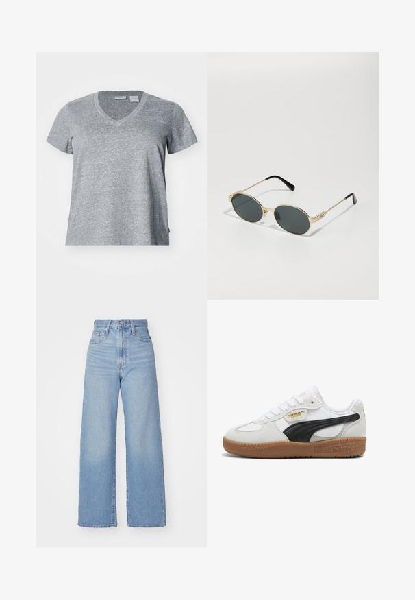 Maglietta grigia a maniche corte con scollo a V realizzata in tessuto testurizzato, caratterizzata da una vestibilità rilassata e dettagli sulle cuciture laterali.; Jeans a vita alta blu chiaro con gamba larga, chiusura frontale con bottone e zip, tasche anteriori e posteriori, su uno sfondo bianco.; Sneaker bianche in pelle con una striscia in suede nero, suola in gomma color tabacco e branding dorato sul lato. Design con lacci e punta arrotondata.; Occhiali da sole in metallo dorato con lenti ovali e scure. Terminali in acetato nero sulle stanghette. Nome del brand "QUAY" sul lato.; Borsa a tracolla in pelle nera trapuntata con una catena dorata e un fermaglio a scatto con un accento circolare. Forma rettangolare compatta.