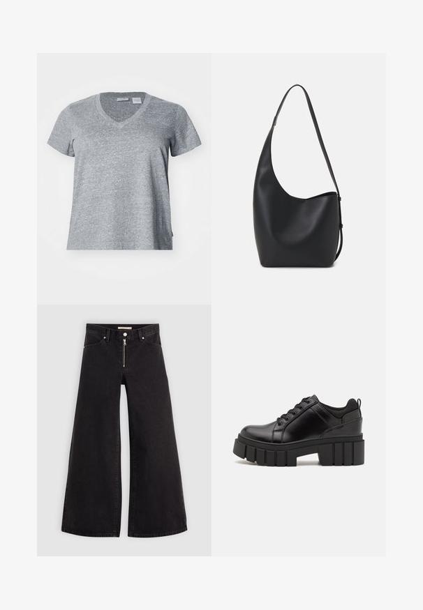 Grå T-skjorte med kort erme og V-hals, laget av teksturert stoff, med en avslappet passform og detaljer på sidesømmen.; Vide benbukser i sort denim med glidelås i front, fem-lomme design og subtile sømdetaljer. Glatt tekstur og avslappet stil.; Svarte lærplattformsko med kraftig blokkhell, rund tå og tradisjonell snøring. Har en jevn tekstur og minimal detaljering.; Svart lær hobo-veske med glatt tekstur, buet form og enkelt justerbart stropp; har en bred åpning på toppen.