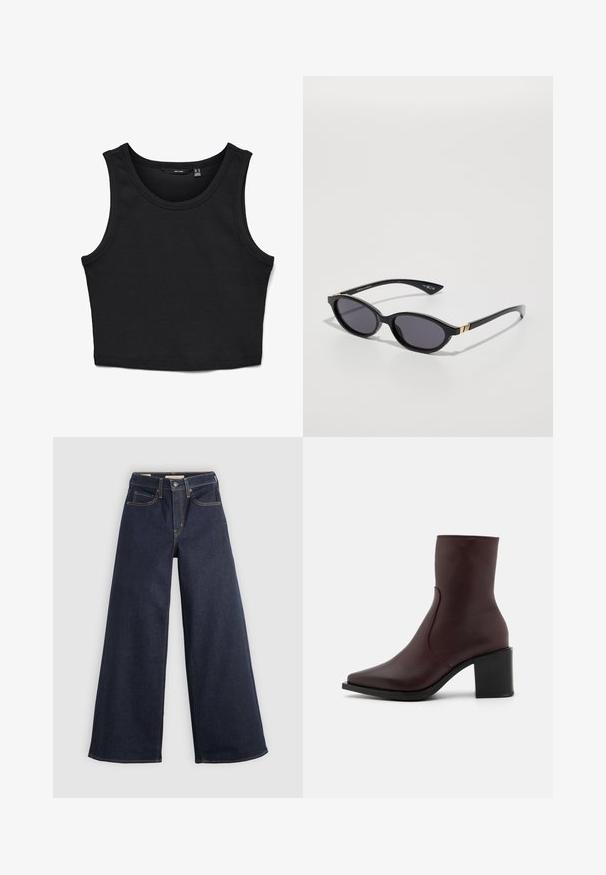 Top corto negro de tirantes anchos, confeccionado en tejido acanalado. Presenta un escote redondo y un ajuste ceñido en toda la prenda.; Camisa blanca de botones con mangas largas, cuello estructurado y dobladillo redondeado. Hecha de una tela lisa y sólida sin patrones ni acentos visibles.; Jeans de denim de pierna ancha en azul oscuro con costuras en contraste. Presenta un diseño tradicional de cinco bolsillos y un cierre de botón en la cintura.; Zign LEATHER - Botines - bordeaux; Gafas de sol negras con lentes ovalados, tinte oscuro degradado y varillas delgadas que presentan sutiles acentos dorados. Acabado de plástico suave.; Bolso de mano de cuero negro con solapa plegable, herrajes dorados y correa desmontable. Textura suave y diseño minimalista.