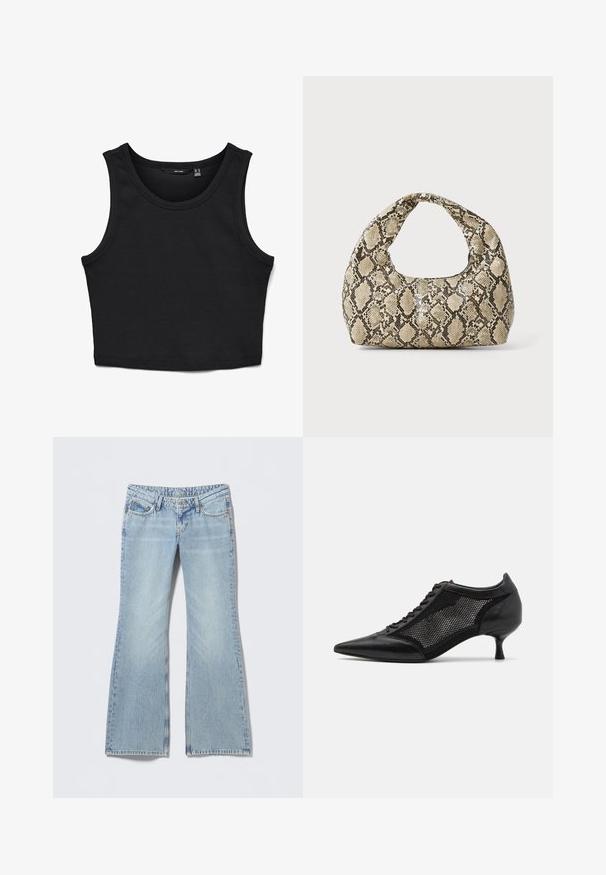 Crni kratki top izrađen od rebraste tkanine. Ima široke naramenice i okrugli izrez, uz uski kroj kroz cijeli model.; Svijetloplave trapez hlače s izblijedjelim završetkom, dizajnom s pet džepova i kontrastnim šavovima. Pamučni traper sa glatkom teksturom.; Crne cipele s oštrom nazubljenom petom i mrežastim panelom, sa niskom petom i vezanjem sprijeda. Izrađene od kombinacije kože i mrežastog materijala.; Torba s uzorkom zmije s zakrivljenom drškom. Izrađena od teksturiranih materijala u bež i smešnim tonovima, sa karakterističnim dijamantnim uzorkom.