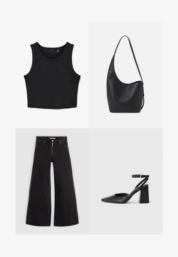 Mustmust riide, mis on valmistatud ribatud kangast. Omab laiad õlapaelad ja ümarat kaelust ning on kogu pikkuses kõhna lõikega.; Laiad teksad mustast denimist, millel on lukuga eesmine osa, viie taskuga disain ja peened õmblusdetailid. Sile tekstuur ja juhuslik stiil.; Mustmustest must-käigukingad, millel on konksuga nöör ja paks konts. Ühtlane tekstuur, stiilne disain ja minimalistlik esteetika.; Mustast nahast hobo kott, millel on sile tekstuur, kumer kuju ja üks reguleeritav rihm; peal on lai avaus.