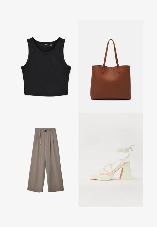 Mustat lyhyt cropped-topit, jotka on valmistettu ribbikangasta. Ominaisuuksiin kuuluvat leveät olkaimet ja pyöreä kaula-aukko, sekä slim fit -leikkaus kauttaaltaan.; Suurille lahkeille housuille pehmeässä, hillityssä harmaassa kankaassa, jossa on vyötäröllä vyö ja lisää muotoilun yksityiskohtia kuploissa. Sileä rakenne, ei kuvioita.; Valkoinen korkokenkä, jossa on paksu korko, ja joka sisältää nauhakiinnityksen ja nilkkaketjun. Sujuva pinta, jossa on platform-etupohja lisäkorkeutta varten.; Ruskea nahkainen olkalaukku, jossa on sileä pinta, avoin yläosa ja kaksi olkahihnaa. Omaavat vain minimaalisen ompelun eikä näkyvää metalliosaa.