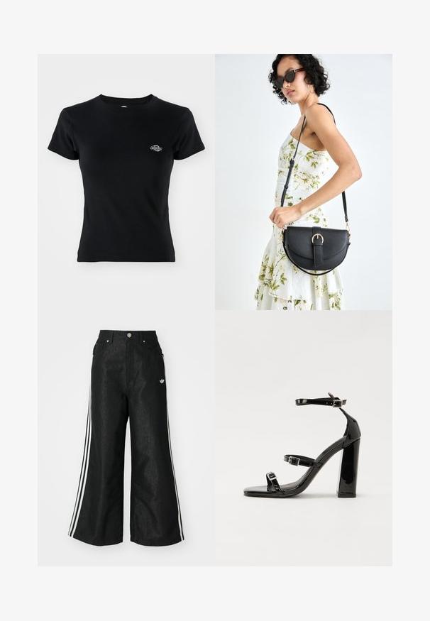 T-shirt preta com ranhuras, apresentando um decote redondo e mangas curtas, com um pequeno logotipo bordado na área do peito esquerdo.; Calças de denim largas pretas com três riscas brancas em cada lado e um pequeno logótipo branco. Apresenta bolsos frontais e um fecho de botão.; Sandálias de tacão preto laqueadas com bico quadrado, tiras para o tornozelo e fivelas prateadas. Apresentam um salto bloco chunky para estabilidade.; Bolsa de couro preta com forma curva, alça destacável e detalhes em dourado. A bolsa possui uma aba com detalhe de fivela.