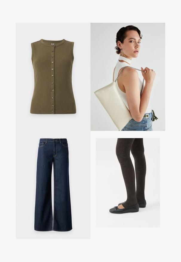 Olive green sleeveless top with a ribbed texture, round neckline, and a front button closure featuring seven gray buttons.; Wide-leg jeans in dark blue denim. Features contrast stitching, five pockets, and a button closure at the waist. Smooth texture.; Black flat shoes with a small bow detail at the toe, paired with dark brown ribbed tights. Shoes have a smooth texture and low profile.; White rectangular clutch bag made of glossy material, featuring a silver chain strap. Model poses, showcasing the bag against a plain background.