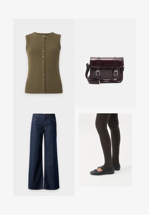 Olivovo zelený top bez rukávov s rebrovanou textúrou, okrúhlym výstrihom a predným zapínaním na sedem sivých gombíkov.; Džínsy s širokými nohavicami v tmavomodrom denime. Obsahujú kontrastné prešívanie, päť vreciek a gombíkový zips v oblasti pása. Hladká textúra.; Čierne ploché topánky s malou mašľou na špičke, v kombinácii s tmavohnedými rebrovanými pančuchami. Topánky majú hladký povrch a nízky profil.; Krikvová lakovaná kožená crossbody taška s obdĺžnikovým tvarom, dvoma popruhmi, striebornými doplnkami a prednou klapkou.