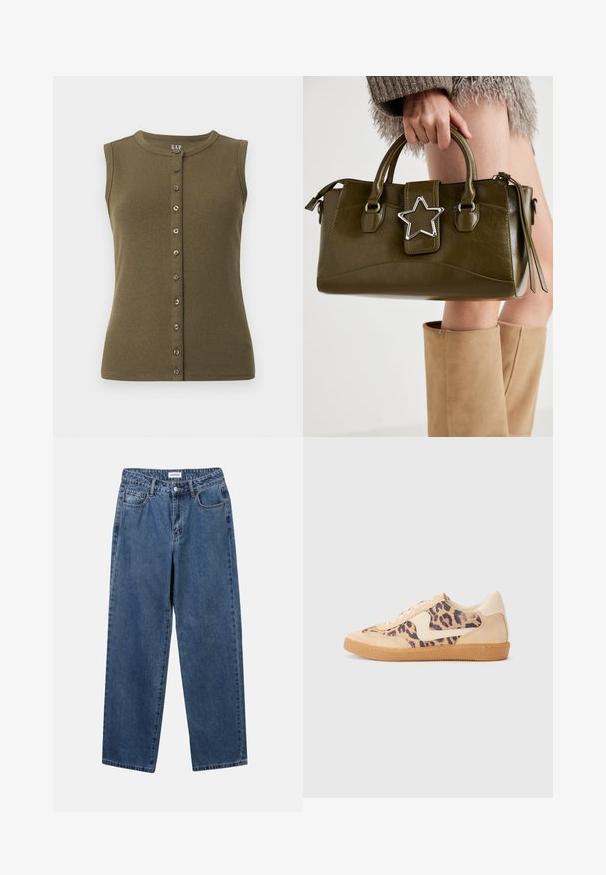 Top senza maniche verde oliva con una texture a coste, scollatura rotonda e chiusura frontale con sette bottoni grigi.; Jeans in denim blu classico con design a gamba dritta, cinque tasche e chiusura con bottone. Presentano un lavaggio medio e una trama robusta.; Sneakers in stampa leopardata con parte superiore in suede beige, suola in gomma color caramello e dettagli bianchi. Punta rotonda e design con lacci, con una finitura testurizzata.; Borsa a mano in similpelle verde oliva con accentatura a stella argentata, manici doppi e chiusura con zip. Superficie testurizzata e forma strutturata.