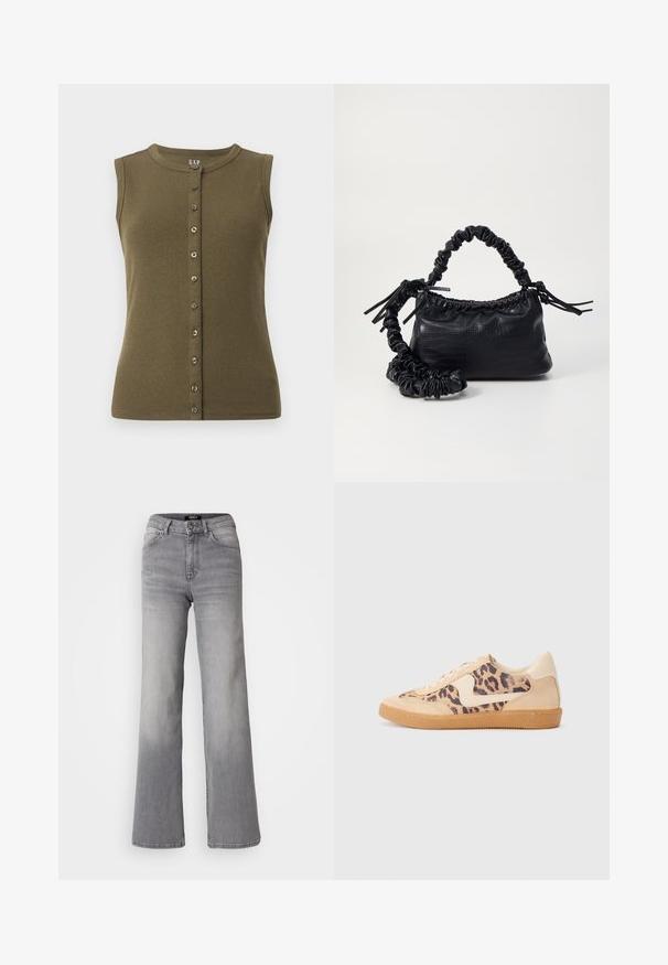 Olíva zöld, ujjatlan felső, ribbelt mintázattal, kerek nyakkivágással és elülső gombos záródással, hét szürke gombbal.; Magasan derekú, egyenes szárú, szürke farmernadrág, elől gombbal és cipzárral, elülső és hátsó zsebekkel, valamint elhalványodott árnyékolással a combokon és a vádlikon.; Leopárdmintás sportcipő bézs velúr felsőrésszel, világosbarna gumitalppal és fehér kiegészítőkkel. Kerek orr, fűzős kialakítás, és textúrázott felület jellemzi.; Fekete műbőr kézi táska krokodil bőr textúrával, összehúzható tetejű és gyűrt pánttal. Lágy és kompakt dizájnúnak tűnik.