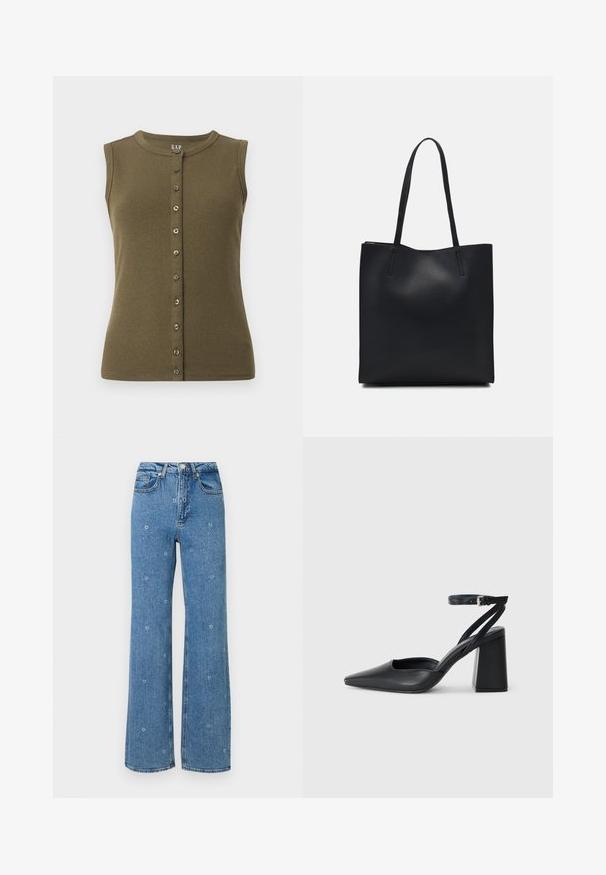 Maslinasto zeleni top bez rukava s rebrastom teksturom, okruglim izrezom i prednjim kopčanjem na sedam sivih dugmadi.; Plave traperice visoki struk ravnog kroja s malim bijelim cvjetnim vezom razbacanim po tkanini.; Crne kožne cipele s špicastim vrhom, remenom oko gležnja i debelim potplatom. Ravna tekstura, elegantan dizajn i minimalistička estetika.; Crna kožna torba za nošenje s glatkom teksturom, pravokutnim oblikom i dvije duge ručke. Nema vidljivih metalnih dijelova ili ukrasa.