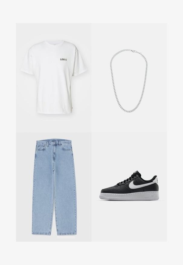 Levi's® VINTAGE FIT GRAPHIC - T-shirts med print - bi eagle white; Lyseblå denimjeans med rett ben-design, med mid-rise liv, fem lommer og knap og lynlås lukning.; Svart lær sneakers med teksturert overflate, hvit Nike swoosh, grå såle, rund tå og snøredesign. Har perforeringer på tåboksen.; Sølvmetall lenkehalskjede med sammenkoblede ledd og en sikker lås, jevn tekstur, jevn finish og et klassisk design.