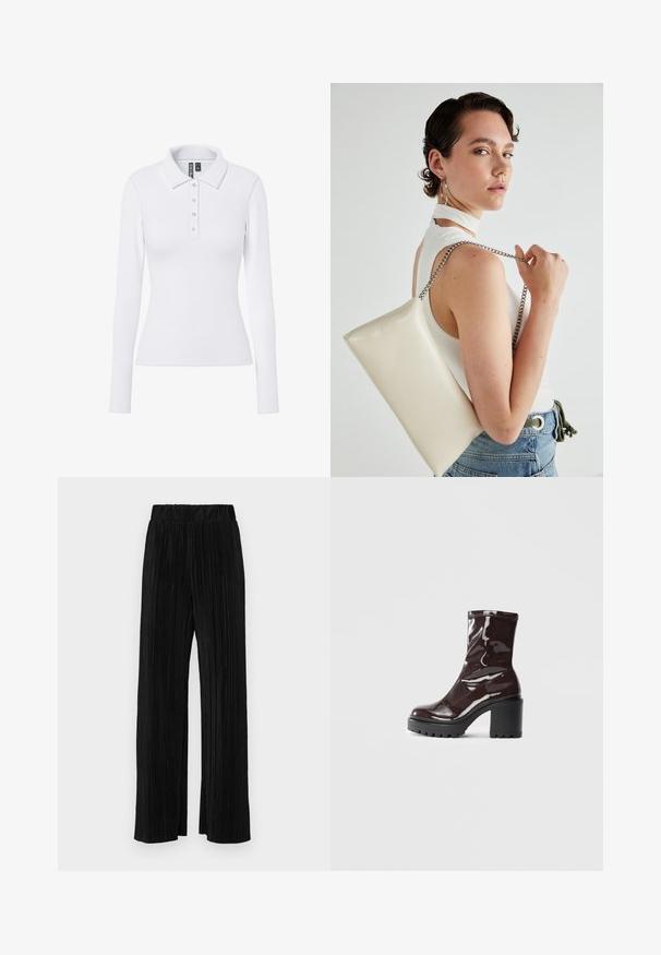 Polo de manga comprida branco com textura canelada, gola apontada e três botões prateados na pala.; Calças pregueadas pretas com uma cintura elástica. Apresentam pernas largas e um tecido liso, texturizado com riscas verticais.; Bota de tornozelo burgundy brilhante com um salto preto robusto, apresentando uma textura suave e um design simples. Sem fechos ou padrões visíveis.; Bolsa de mão retangular branca, feita de material brilhante, com uma alça em corrente prateada. Modelo posa, exibindo a bolsa contra um fundo simples.