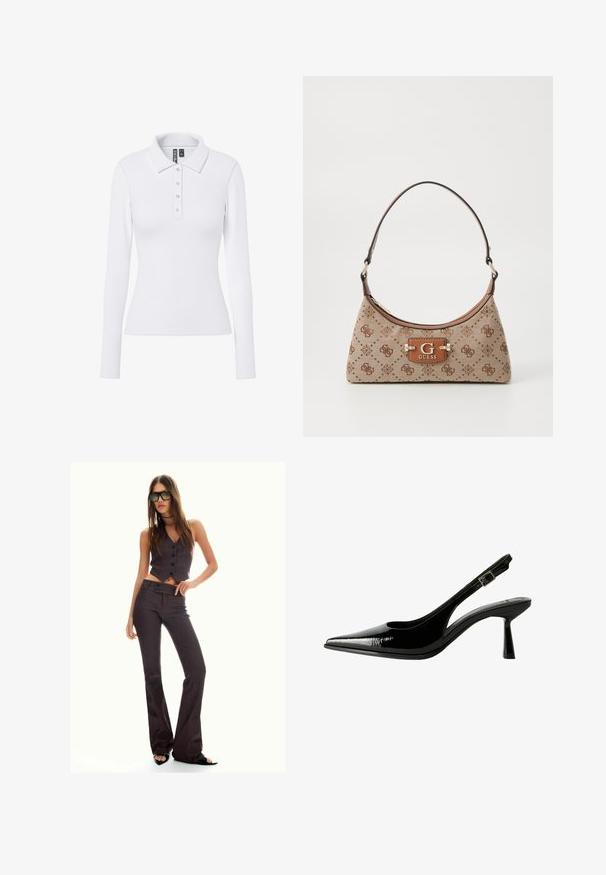 Vitt långärmat pikétröja med ribbad struktur, en spetsig krage och tre silverknappar på knappraden.; Brun randig kort väst och utsvängda byxor med knappar och en texturerad tyg. Svarta sandaler med öppen tå och stora solglasögon.; Svart lackläder slingback pumps med spetsig tå, urklippta sidor, justerbart vristband och en tunn, elegant klack.; Tote-väska i beige tyg med brunmönstrade detaljer. Har en rundad form, ett enskilt handtag och en logotavla på framsidan med silverfärgad hårdvara.