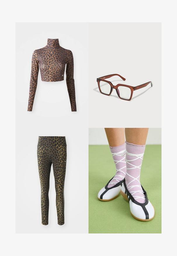 Leopard print long-sleeve crop top in brown and black, featuring a high neck and sleek, smooth texture. Subtle logo detail at the hem.; Leopard print leggings featuring a high waistband, stretchy fabric, and black accents on a light brown base, designed for comfort and fit.; White flat shoes with a black trim and sole, paired with light purple ribbed socks featuring white crisscross straps. Set on a green background.; Brown oversized rectangular glasses with clear lenses and a slight pink tint on the right lens. Plastic frame with smooth texture.