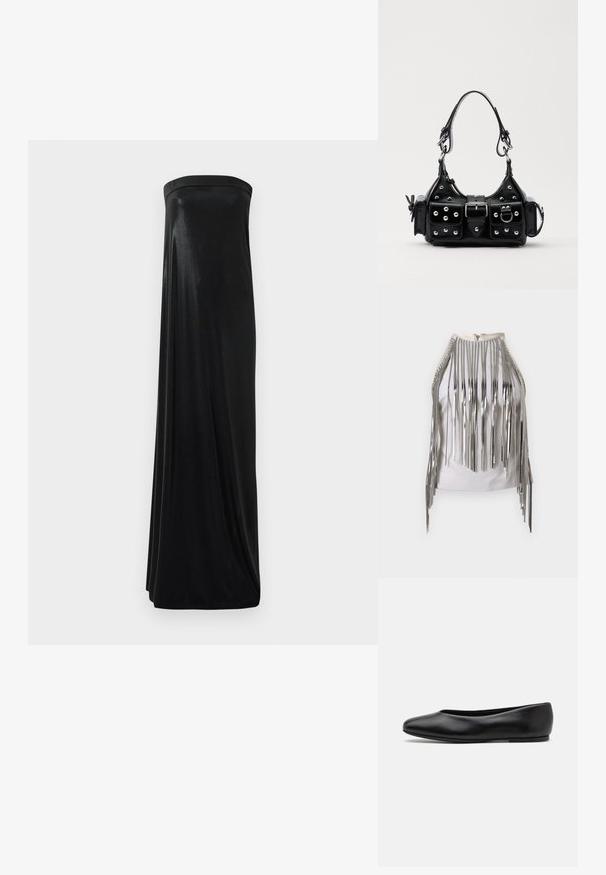 Bílý bezrukávový top s dlouhými stříbrnými metalickými třásněmi podél boků a výstřihu, vytvářející nápadný kontrastní texturu a vzhled.; Černé dlouhé šaty bez ramínek vyrobené z hladké, lesklé textilie. Mají přiléhavý korzet a splývavý střih, sahající až k zemi, bez ozdob.; Paul Smith TOPANGA - Klasické baleríny - black; Černá kožená kabelka s křivkovým designem, zdobená stříbrnými hřebíky, s přezkou a dvěma bočními kapsami. Nastavitelný popruh pro různé možnosti nošení.