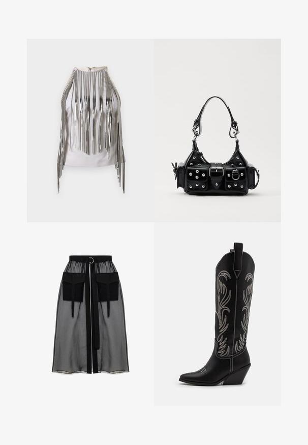 Biała bezrękawnikowa bluzka z długimi srebrnymi metalicznymi frędzlami wzdłuż boków i dekoltu, tworząc uderzający kontrast tekstur i wyglądu.; Czarna przezroczysta spódnica z marszczeniem w pasie, posiadająca dwie dużej wielkości kieszenie z przodu, pasek w talii oraz okrągły metalowy akcent.; Czarne skórzane kowbojskie buty z wydłużonymi noskami, obcasem typu koturn oraz srebrnymi haftowanymi wzorami kwiatowymi wzdłuż cholewy. Kontrastowe szwy na całej długości.; Czarna skórzana torebka w zakrzywionym kształcie, z srebrnymi ćwiekami, klamrą i dwoma bocznymi kieszeniami. Regulowany pasek umożliwiający różne opcje noszenia.