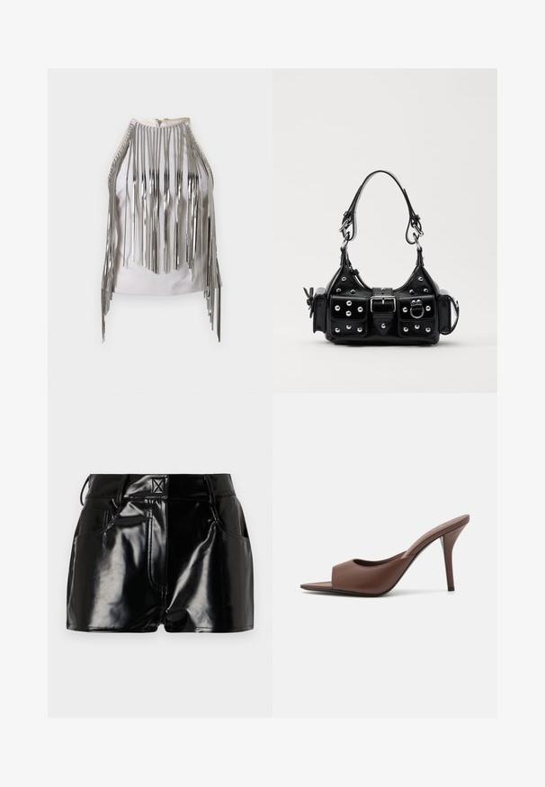 White sleeveless top featuring long silver metallic fringes along the sides and neckline, creating a striking contrasting texture and appearance.; Black, glossy shorts made of synthetic material. Features a fitted waist, belt loops, and front pockets with prominent stitching details.; Brown leather open-toe high-heeled mules with a sleek design, featuring a wide front strap and a slender stiletto heel.; Black leather handbag with a curved design, featuring silver studs, a buckle, and two side pockets. Adjustable strap for carrying options.
