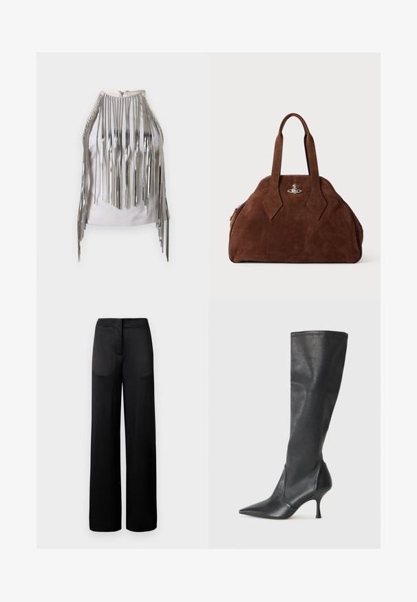 Top alb fără mâneci, cu franjuri metalici argintii lungi pe laterale și la gât, creând o textură și un aspect contrastant uimitor.; Pantaloni negri cu croială largă, cu o suprafață texturată, având un tiv plat și două buzunare laterale. Țesătura pare ușoară și fluidă.; Botine din piele neagră, până la genunchi, cu vârf ascuțit și toc subțire stiletto. Textură netedă, cu un design ajustat și cusături la marginea superioară.; Geantă din suede maro, cu o formă structurată, un corp rotund și mânere lungi în formă de diamant. Dispune de o închidere din metal argintiu.