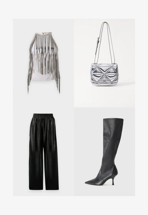 Balta be rankovių palaidinė su ilgais sidabro metaliniais fringe'ais šonuose ir aplink iškirptę, sukurianti ryškų kontrastingą tekstūros ir išvaizdos efektą.; Juodos odinės plačios kelnės su elastinga juosmeniu, turinčios dvi šonines kišenes ir lygią, blizgią tekstūrą.; Juodų odinių batų iki kelių su smailiu pirštu ir plonu stiletto kulnu. Lygus paviršius, pritaikytas dizainas ir siuvimas viršutiniame krašte.; Metalinio sidabro spalvos kryžminė rankinė, turinti geometrinį siuvinėtų raštą, plokščią užsegimą ir reguliuojamą dirželį su sidabro spalvos detalėmis.
