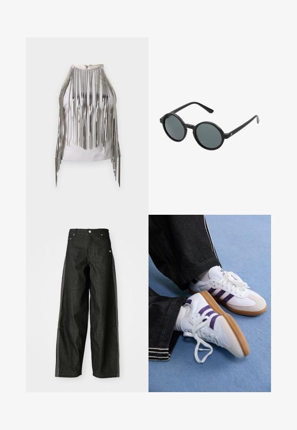 Valge ilma varrukateta topp, mille külgedel ja kaeluses on pikad hõbedased metallilised pitsilised äärised, luues silmapaistva kontrastsuse tekstuuris ja välimuses.; Mustad denim laiad sääred püksid valgete külgtriipudega, ühelt poolt taskutega, nööbiga sulgemise ja peene logoga vööümbruse lähedal.; Valge spordišuusad lilla triipudega ja pruunide kummitaldadega, ümmarguste paelte ja pehme kraega. Kanda tumesiniste teksadega.; Ümmargused prillid musta plastraamiga ja tumedate hallide läätsedega. Omavad õhukesi, sirgeid piire minimalistlike aktsentidega.