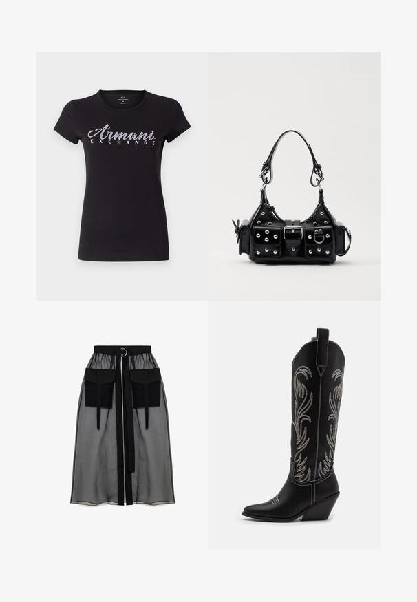 Črna kratkoročna majica iz bombaža z belim logotipom "Armani Exchange" iz rhinestone kamnov čez prsa. Gladka tekstura, klasičen kroj.; Črna prozorna krila z nabranim pasom, ki ima dva velika sprednja žepa, pas za zavezovanje in okroglo kovinsko dekoracijo.; Črne usnjene kavbojske čevlje s koničastimi prsti, klinastimi petami in srebrnimi vezeninami cvetnega vzorca po vsej dolžini. Kontrastno šivanje povsod.; Črna usnjena torbica s ukrivljenim dizajnom, ki vsebuje srebrne žebljičke, zaponko in dve stranski žepki. Nastavljiv trak za različne možnosti nošenja.