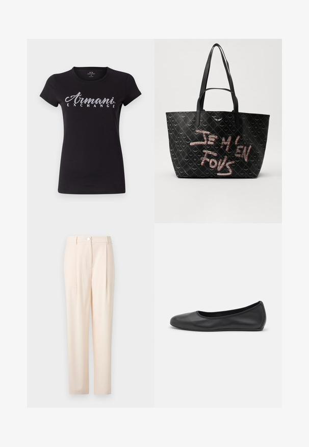 Lyhythihainen musta T-paita, joka on valmistettu puuvillasta. Rinnassa valkoinen strassikivimainos "Armani Exchange". Sujuva pinta, klassinen istuvuus.; Vaalean beige-housut, joissa on räätälöity muotoilu, etupainike, sileä kangas, suorat lahkeet sekä ilman näkyviä kuvioita tai korosteita.; Musta nahkainen ballerina, jossa on pyöristetty kärki, sileä pinta, minimaalinen ommelkoristelu ja joustava pohjamuotoilu.; Musta olkalaukku, jossa on teksturoitu materiaali ja timanttikuvio, olkahihnat sekä rohkeaa punaista ja valkoista tekstiä, jossa lukee "JE M'EN FOUS."