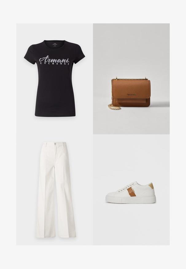 Black short-sleeve T-shirt made of cotton, featuring a white rhinestone logo "Armani Exchange" across the chest. Smooth texture, classic fit.; White wide-leg trousers made from cotton with a smooth texture. Features a front button, zipper fly, and four-pocket design.; White low-top sneaker with beige heel patch, brown leather strap with gold buckle and A|X branding, and embossed Armani Exchange sole.; Brown textured leather crossbody bag with gold chain strap and flap closure. Front features logo detail and a pocket under the flap.