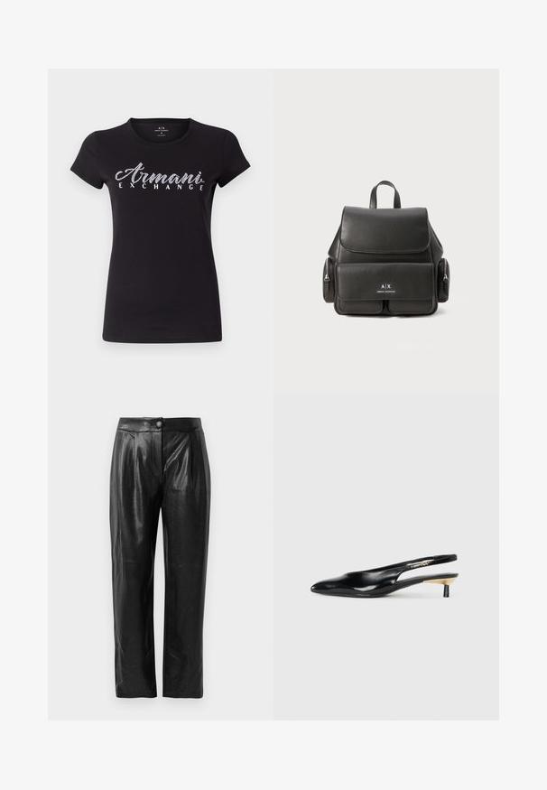 Svart kortermet T-skjorte laget av bomull, med et hvitt rhinesteinlogo "Armani Exchange" over brystet. Glatt tekstur, klassisk passform.; Sorte faux skinnbukser med teksturert overflate, vid ben, frontfold og en knappelukking i midjen.; Sorte slingback pumps med spiss tå, glanset skinnfinish og en liten hæl med gullakcent. Elegant design med åpen bak.; Svart skinnryggsekk med klafflukkning, frontlomme, sidelommer med glidelås og et håndtak på toppen. Har logo-detaljer på forsiden.
