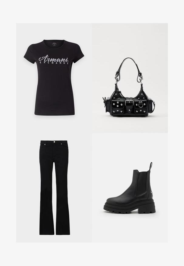 Tricou scurt cu mânecă, de culoare neagră, din bumbac, cu un logo alb din strasuri "Armani Exchange" peste piept. Textură netedă, croială clasică.; Blugi negri evazați din denim, care prezintă două buzunare frontale, o închidere cu buton și o textură netedă. Coaserea semnăturii vizibilă la cusături.; Bocanci Chelsea negri din piele netedă, cu panouri elastice pe laterale, o talpă groasă, adâncită din cauciuc și un mâner la spate.; Geantă de piele neagră cu un design curbat, dotată cu studuri argintii, o cataramă și două buzunare laterale. Curea ajustabilă pentru opțiuni de transport.