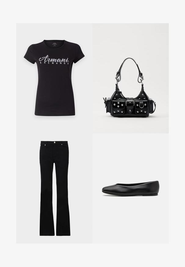 T-shirt preto de manga curta feito de algodão, com um logótipo em strass branco "Armani Exchange" no peito. Textura suave, corte clássico.; Calças pretas de ganga em corte flare, com dois bolsos frontais, fecho com botão e uma textura suave. Costura característica visível nas costuras.; Paul Smith TOPANGA - Sabrinas - black; Bolsa de couro preta com um design curvado, apresentando tachas prateadas, uma fivela e dois bolsos laterais. Alça ajustável para opções de transporte.