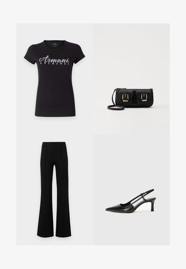 Melnas īsām piedurknēm T-krekls, kas izgatavots no kokvilnas, ar baltu rhinestone logotipu "Armani Exchange" krūšu daļā. Gluda tekstūra, klasiskā piegriezuma.; Melnas platas bikses ar augsto jostasvietu, izgatavotas no elastīga auduma. Satur vertikālas šuvju detaļas priekšpusē un gludu tekstūru.; Melna patent āda ar slīdošo papēdi un smailo purngalu, ar teksturētu čūsku drukājumu, regulējamu siksniņu un īsu teksturētu blokpapēdi.; Melnas ādas crossbody soma ar divām priekšējām kabatām, zelta sprādzēm, ar rāvējslēdzēju aizdari un šauru siksnu. Strukturēta virsma un kompakta taisnstūra forma.