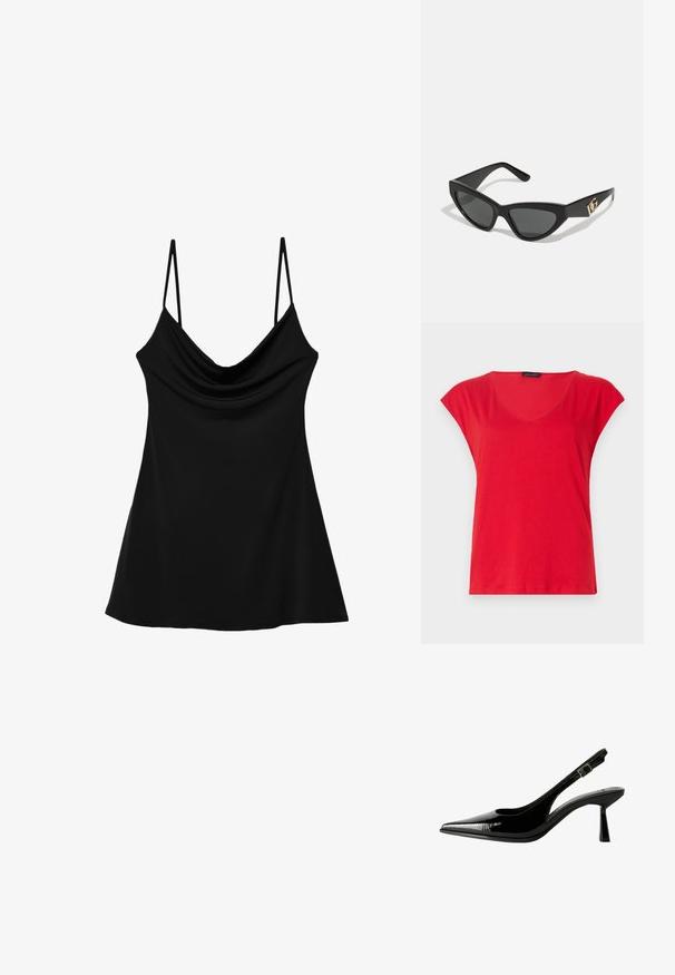 Rdeča kratkotrajna majica s kratkimi rokavi in V-izrezom, izdelana iz mehkega materiala. Ima sproščen kroj z gladko teksturo in čistimi šivi ob robu.; Črna brezrokavna majica z ovratnikom v stilu cowl, izdelana iz gladkega materiala. Ima tanke nastavljive naramnice in razširjen, tekoč silhueto.; Črne lakirane slingback čevlje s koničastim nosom, izrezanimi stranicami, nastavljivim gležnjarjem in tankim, elegantnim peto.; Sončne naočale v mačjem stilu z mat črnim plastičnim okvirjem, temnimi lečami in zlatim logotipom na tempeljih. Kotačast dizajn in gladka tekstura.; Michael Kors denarnica v bež lakiranem platnu z mišičnim vzorcem ponavljajočega se logotipa MK, z zlatim okovjem in snemljivo verižico.