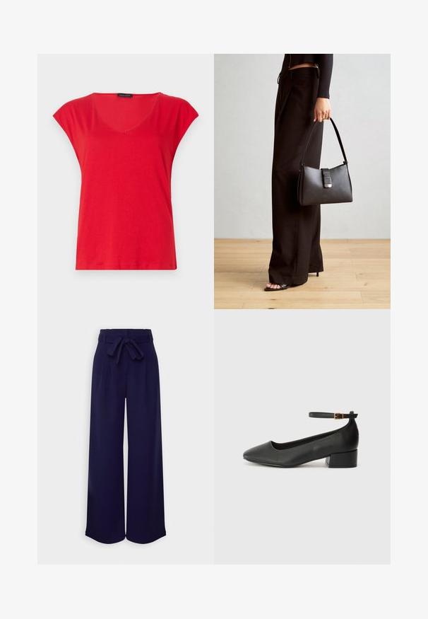 Camiseta vermelha de manga curta com decote em V feita de tecido suave. Apresenta um corte relaxado com uma textura lisa e costura limpa ao longo da bainha.; Anna Field Calças - dark blue; Sandal de pele preta com bico pontiagudo e um salto bloco baixo. Apresenta uma tira no tornozelo com uma fivela em tom dourado. Textura suave.; Bolsa preta com forma estruturada, textura suave e um fecho metálico. Combinada com calças largas pretas e sandálias de salto aberto sobre um chão de madeira.