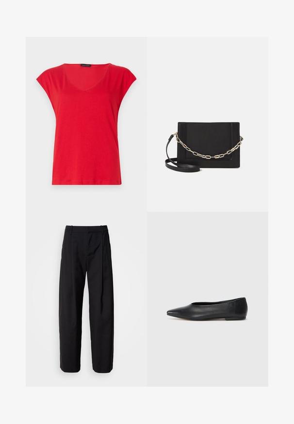 Camiseta vermelha de manga curta com decote em V feita de tecido suave. Apresenta um corte relaxado com uma textura lisa e costura limpa ao longo da bainha.; Calças pretas com um corte descontraído, frente plissada e passadores para cinto. Tecido suave e pernas retas, com bolsos laterais.; Bailarina de couro preto, bico fino, design minimalista, textura suave, salto baixo, sem hardware ou embelezamentos visíveis.; Bolsa crossbody de couro preto com uma textura suave, forma retangular e um detalhe em corrente metálica na frente. Inclui uma alça ajustável.